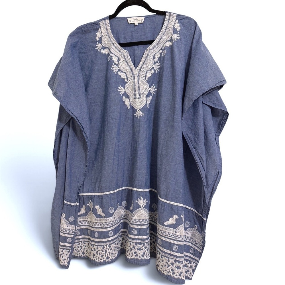 Hydra by Rockflowerpaper Embroidered Chambray Kaftan Coverup Blue SM 100% cotton